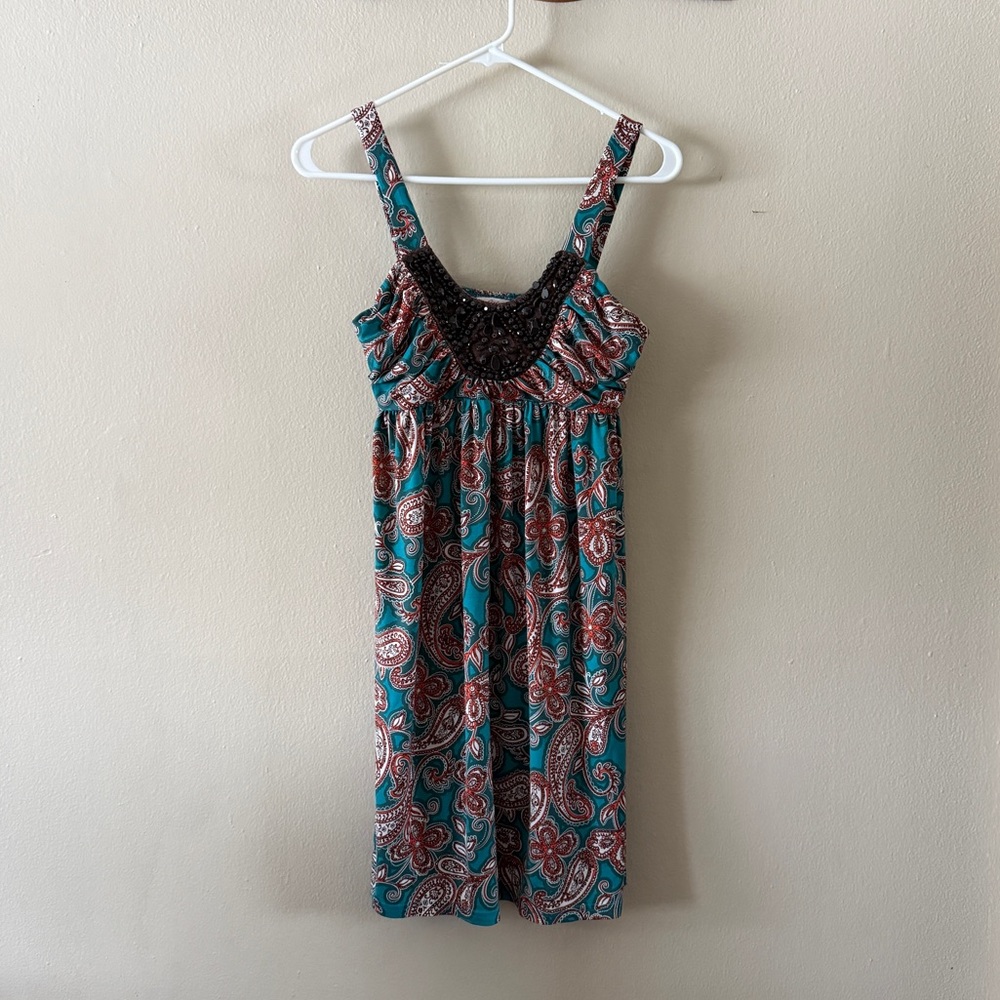 Y2K Candie’s Teal Paisley Beaded Mini Dress Boho Embellished Empire Waist size M